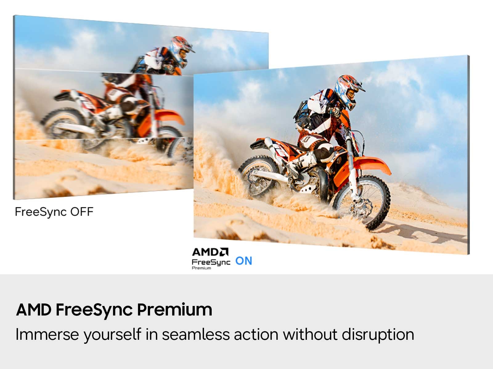 A before-and-after comparison of a person doing motocross in the sand, used to demonstrate the AMD FreeSync technology.