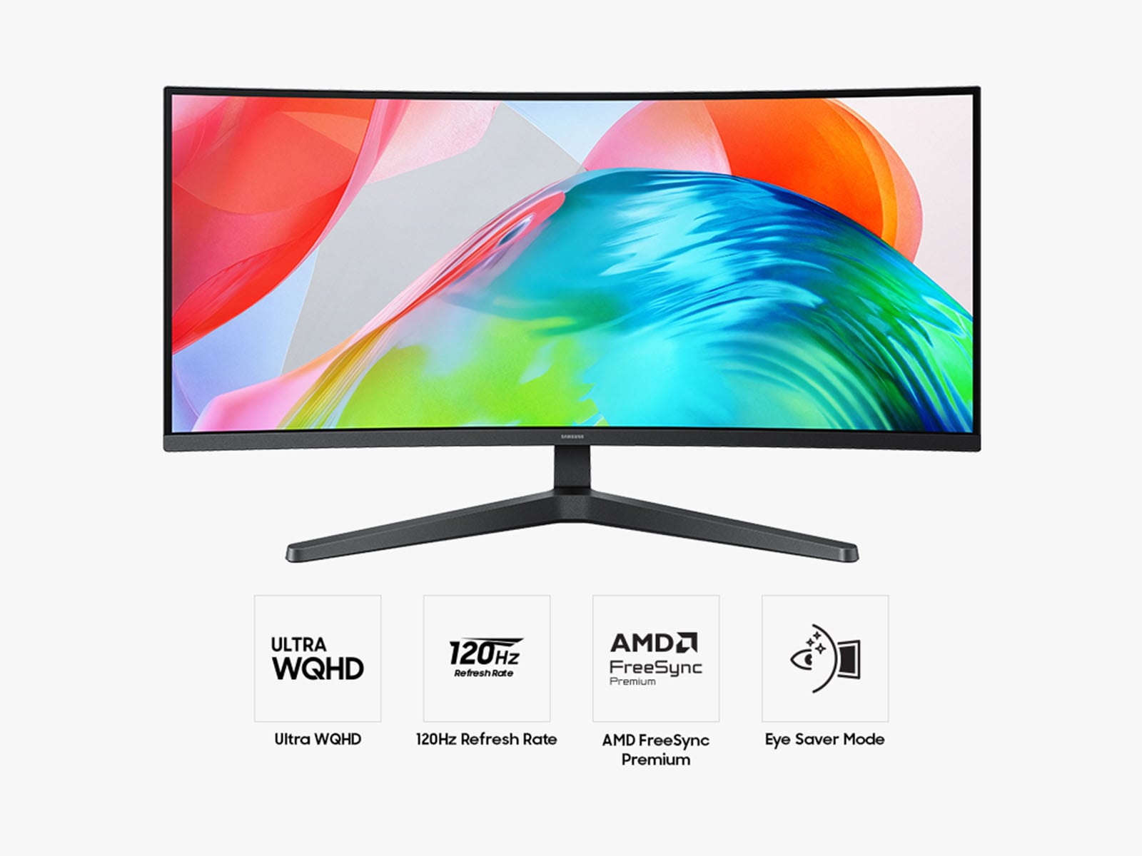 A front product view of the ViewFinity S5 S55GH monitor, with some of the product’s standout features listed below, including Ultra WQHD, 120Hz Refresh Rate, AMD FreeSync technology, and more.