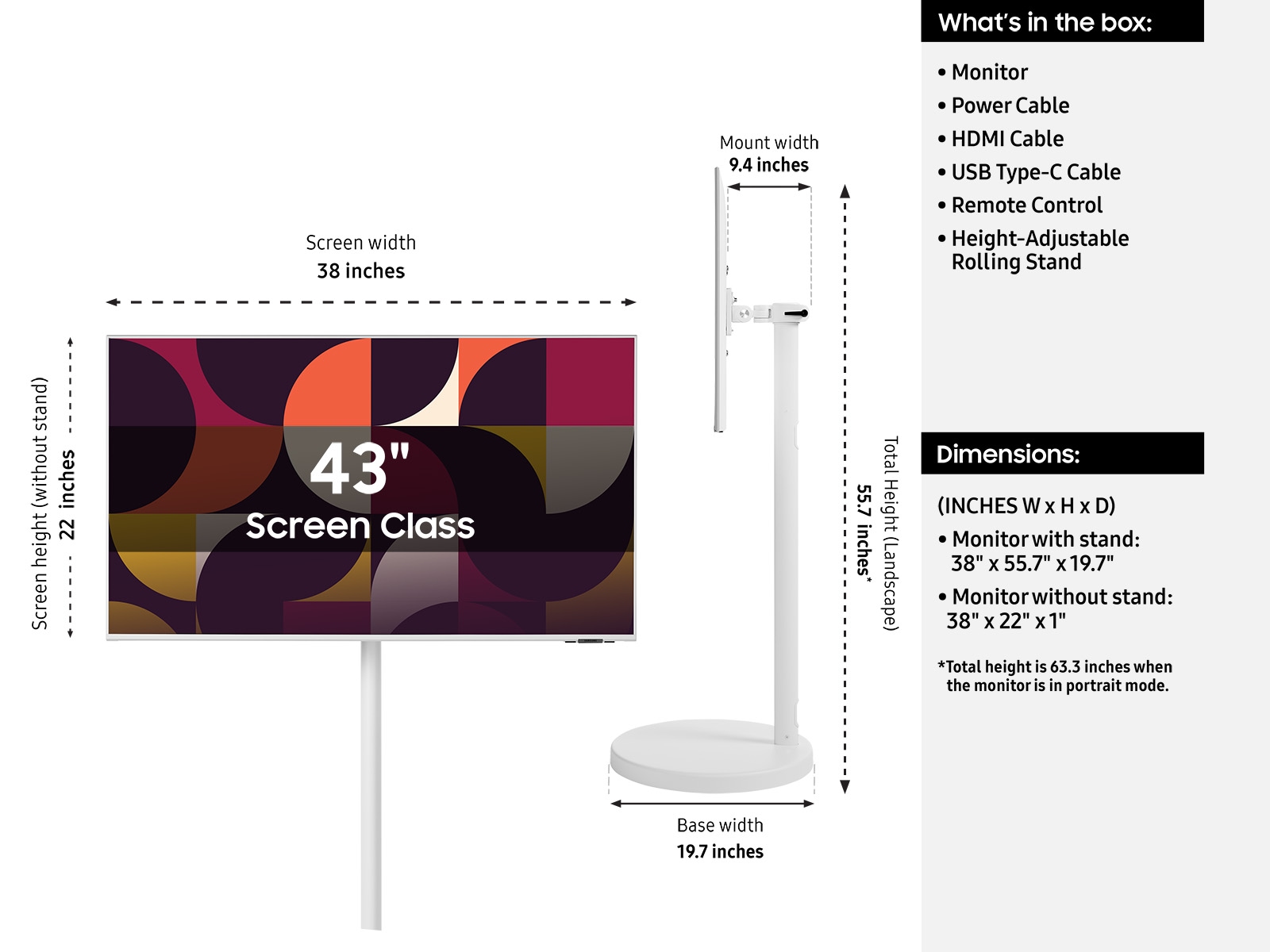 A diagram of the official dimensions and what is included in the box of the Samsung 43 Inch The Movingstyle Essential 4K Smart Rolling Monitor.