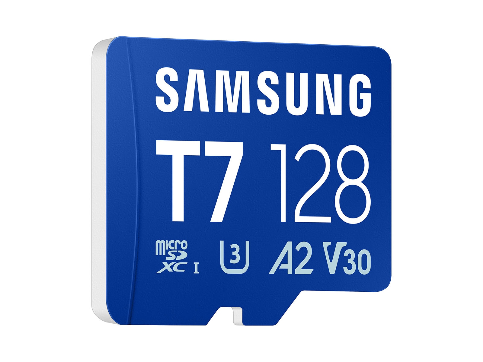 A three-quarters product view of the 128GB T7 microSDXC Card