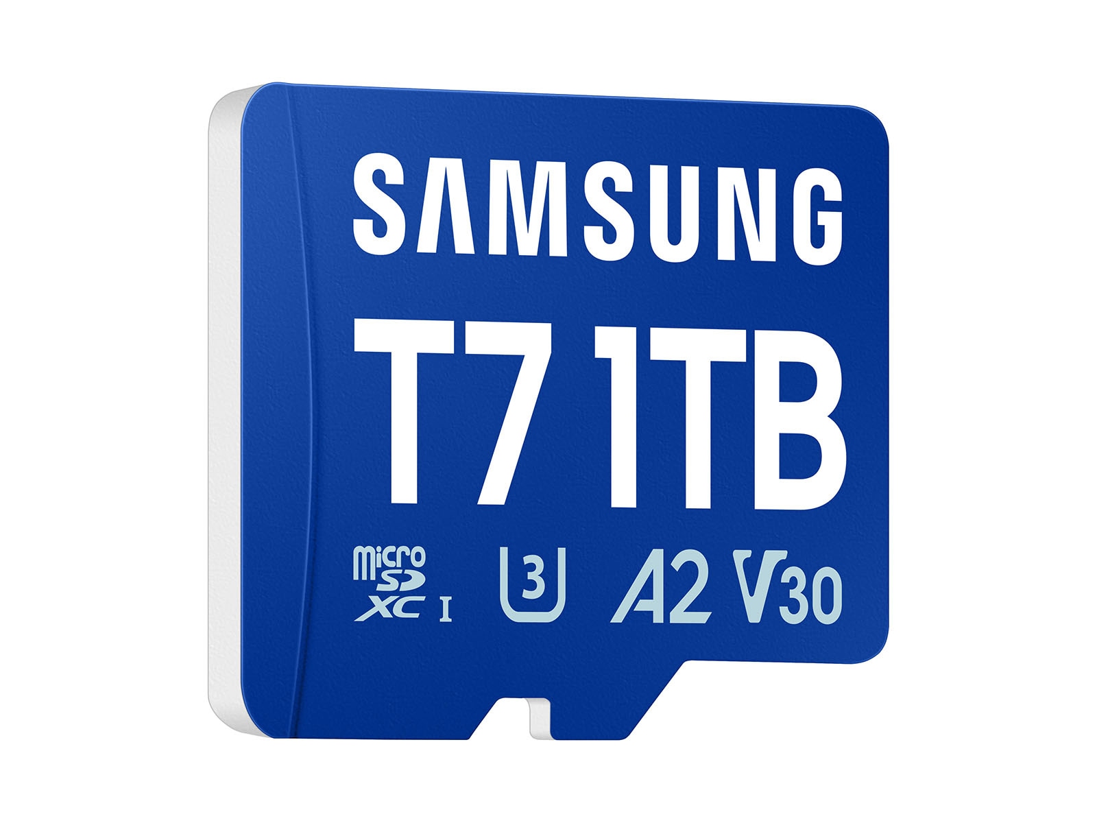 A three-quarters product view of the 1TB T7 microSDXC Card