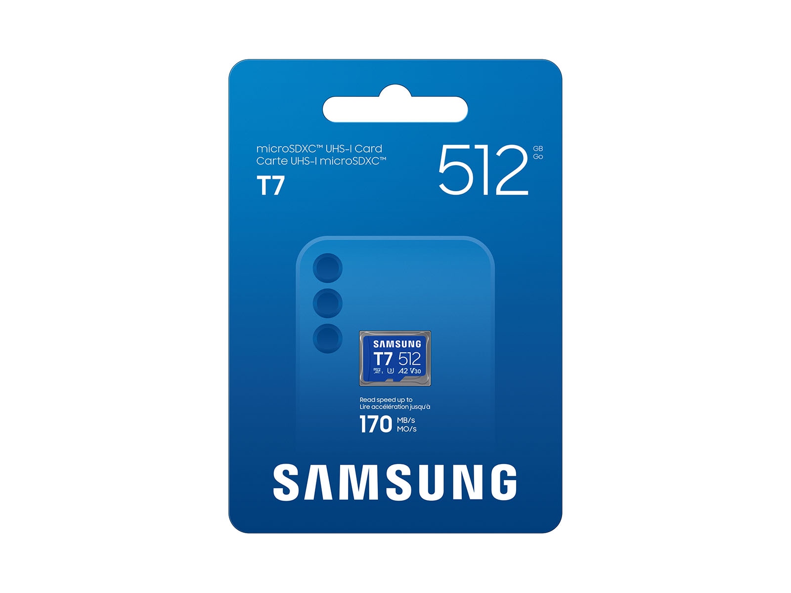 A front package view of the 512GB T7 microSDXC Card