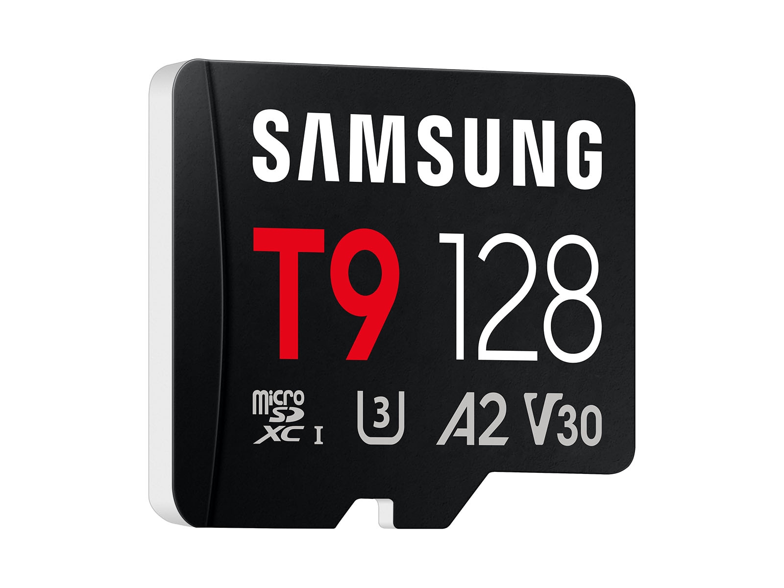 A three-quarters product view of the 128GB T9 microSDXC Card
