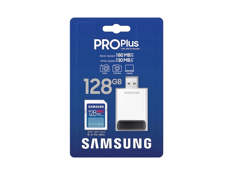 PRO Plus + Reader Full Size SDXC Card 128GB Essential White
