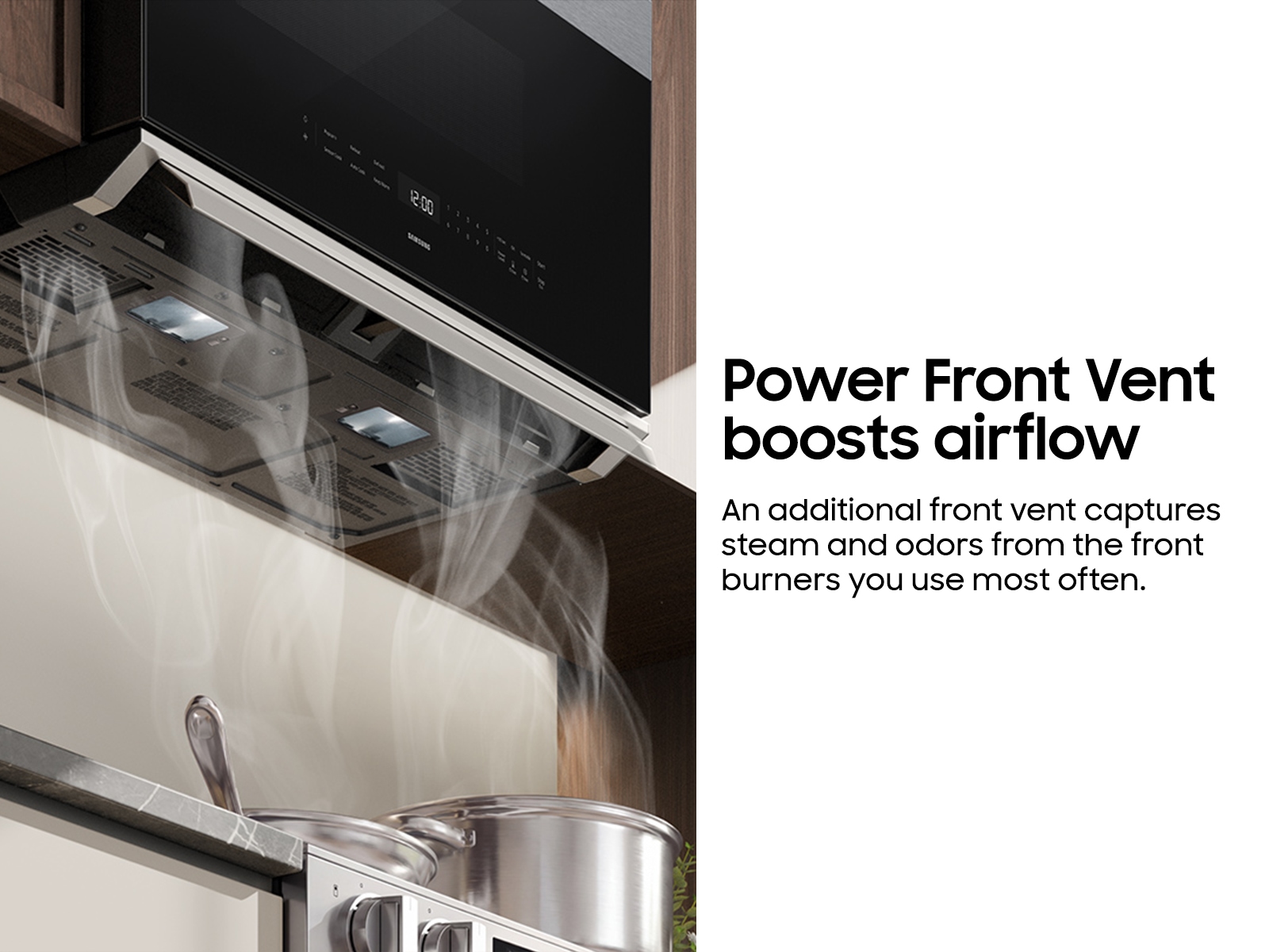 Power Front Vent infographic for 2.1 cu. ft. Smart Over-the-Range Microwave with DualVent Technology