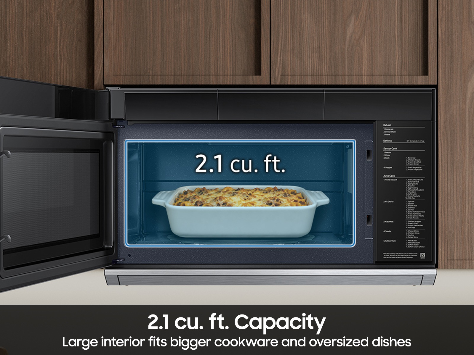 Large capacity infographic for 2.1 cu. ft. Smart Over-the-Range Microwave with DualVent Technology