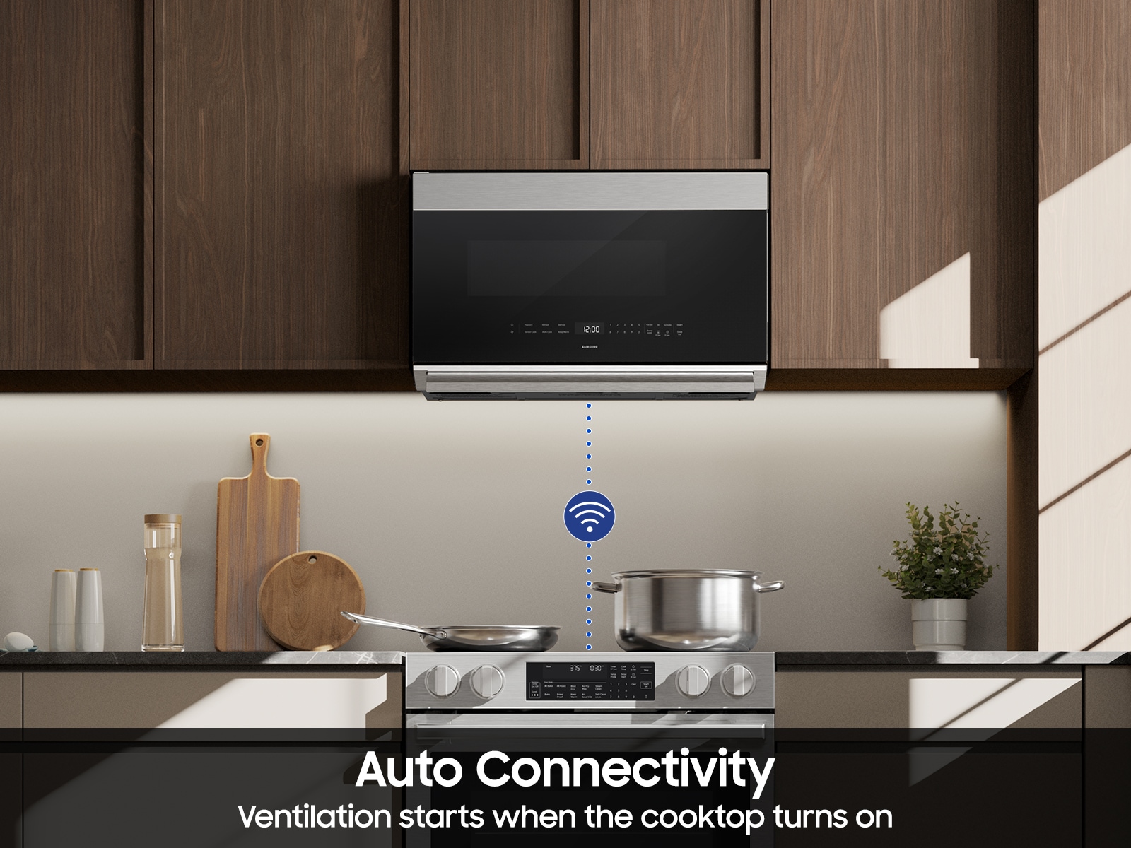 Auto Connectivity infographic for 2.1 cu. ft. Smart Over-the-Range Microwave with DualVent Technology