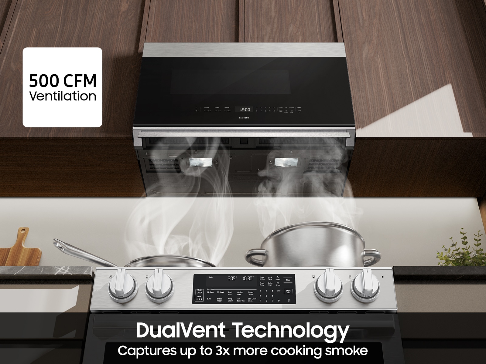 DualVent Technology infographic for 2.1 cu. ft. Smart Over-the-Range Microwave with DualVent Technology