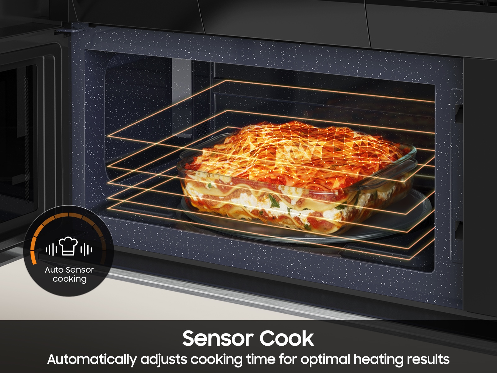 Sensor Cook infographic for 2.1 cu. ft. Smart Over-the-Range Microwave with DualVent Technology