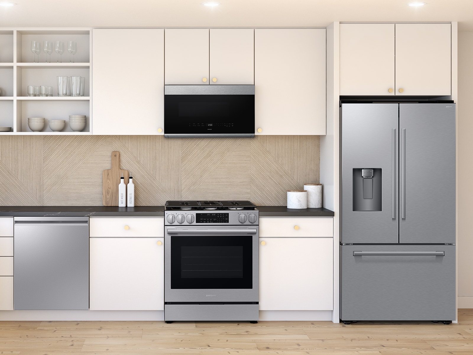 Kitchen lifestlye image featuring 4pc appliance suite including 2.1 cu. ft. Smart Over-the-Range Microwave with DualVent Technology