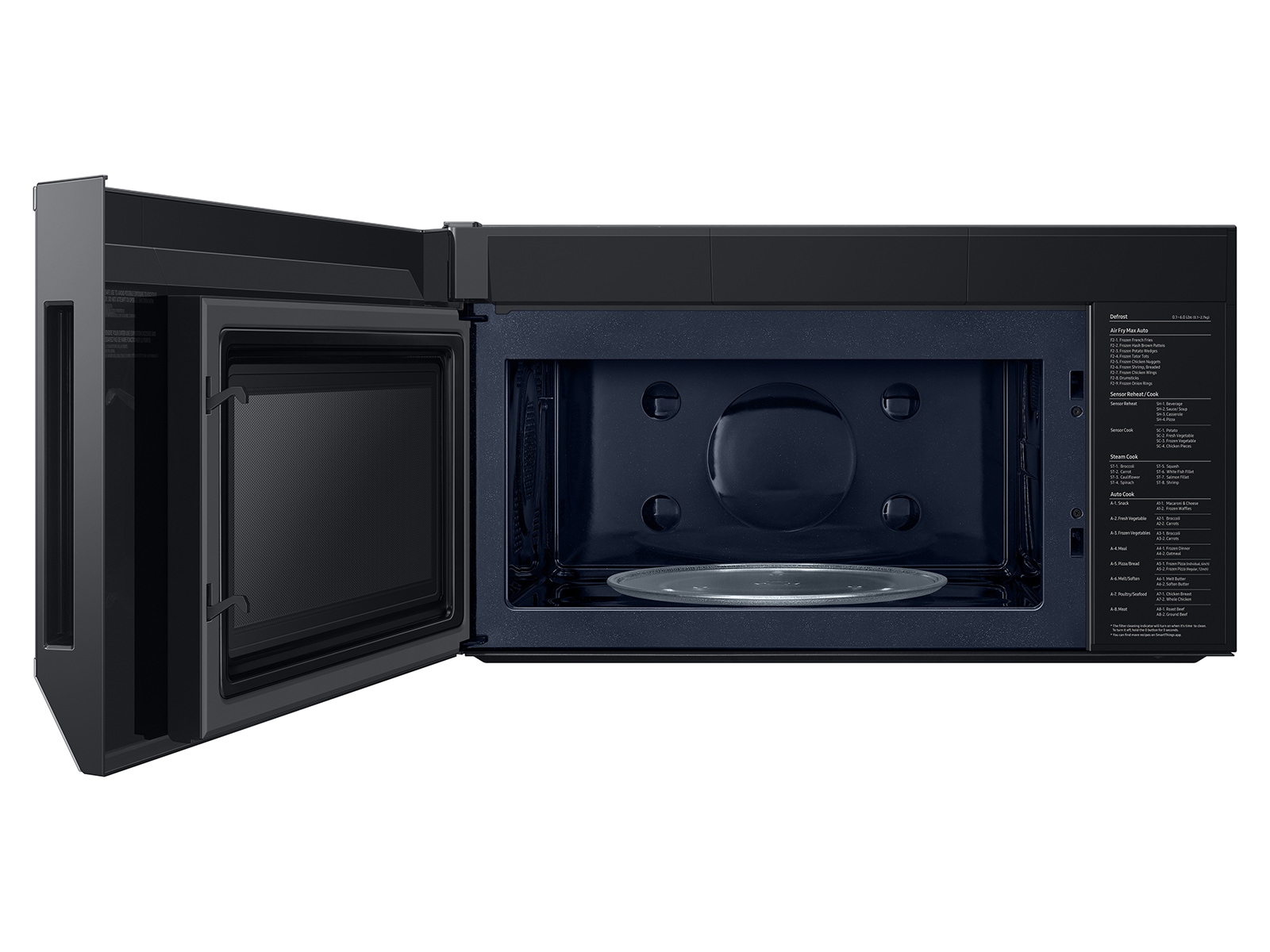 Open microwave door of the 1.7 cu ft. Bespoke Smart Over-the-Range Microwave with Air Fry Max &amp; Convection | Samsung US
