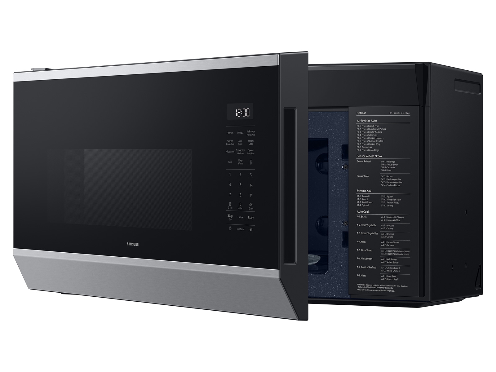 Right angle open door view of the  1.7 cu ft. Bespoke Smart Over-the-Range Microwave with Air Fry Max &amp; Convection | Samsung US