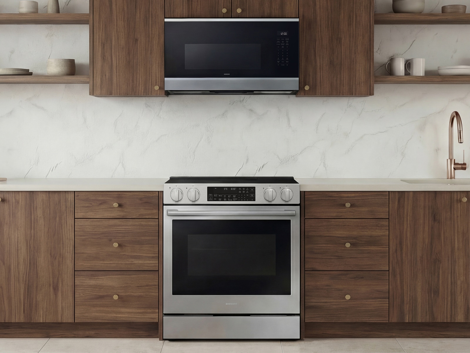 Kitchen image featuring  1.7 cu ft. Bespoke Smart Over-the-Range Microwave with Air Fry Max &amp; Convection | Samsung US