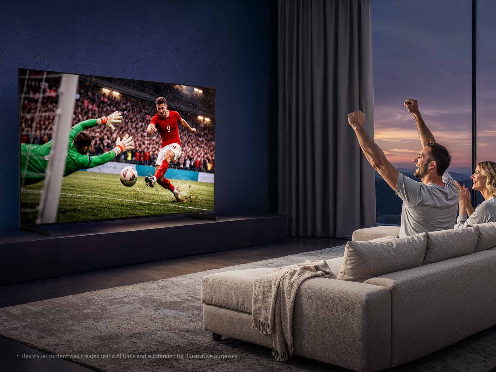 A lifestyle image of the Micro RGB R85Hbeing watched by a couple in their living room as they cheer along with a sports game.