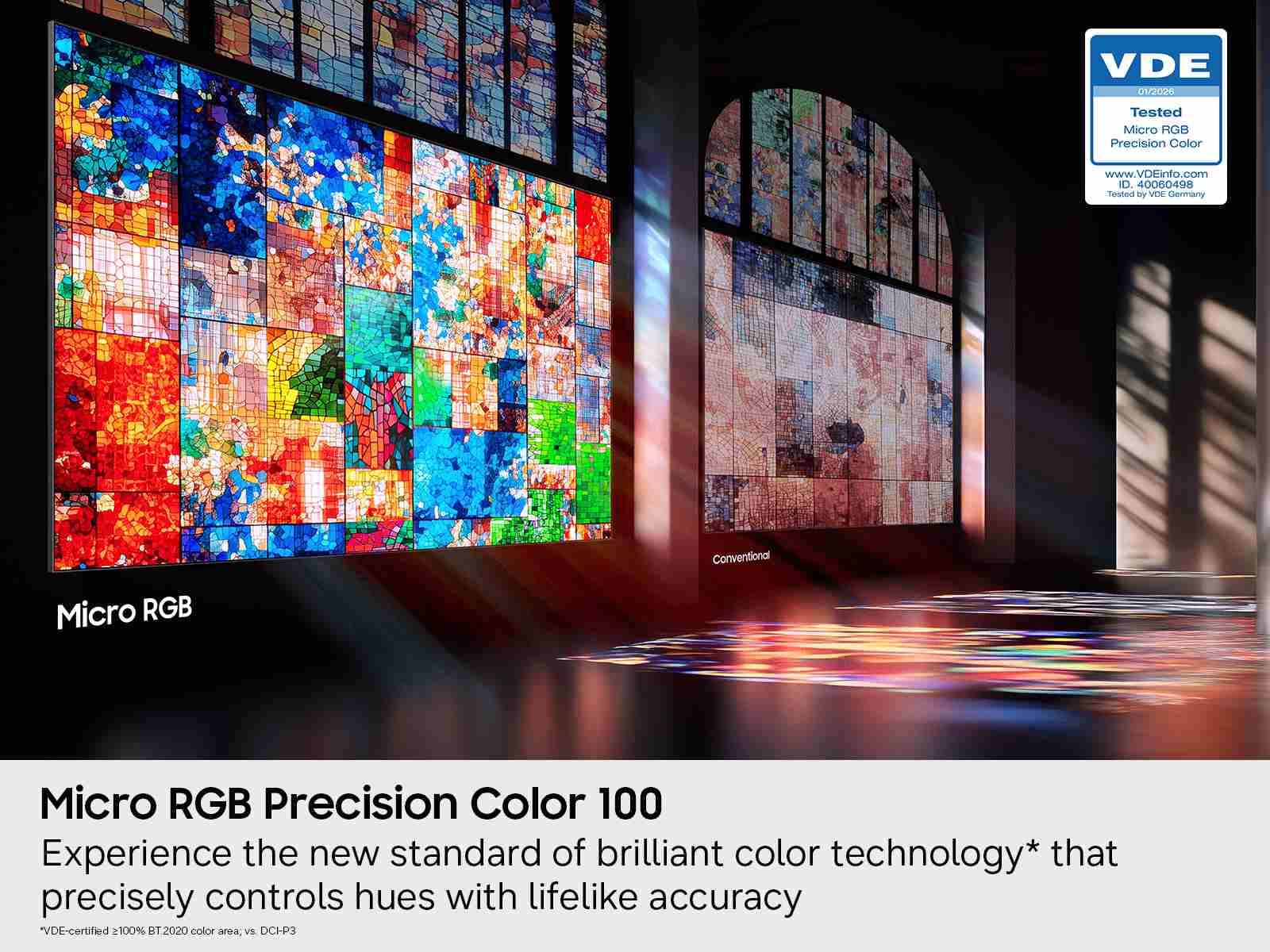 A demonstration of how the Micro RGB R85H's Precision Color technology can accurately capture and boost incredibly detailed colorscapes, like a hallway lined with stained glass windows.