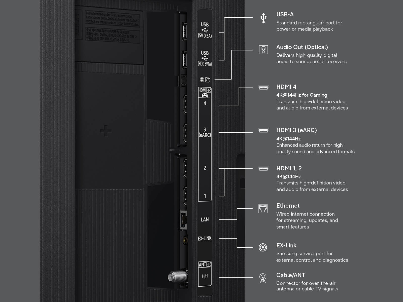A diagram of the connectivity ports on the Samsung Micro RGB R85H.