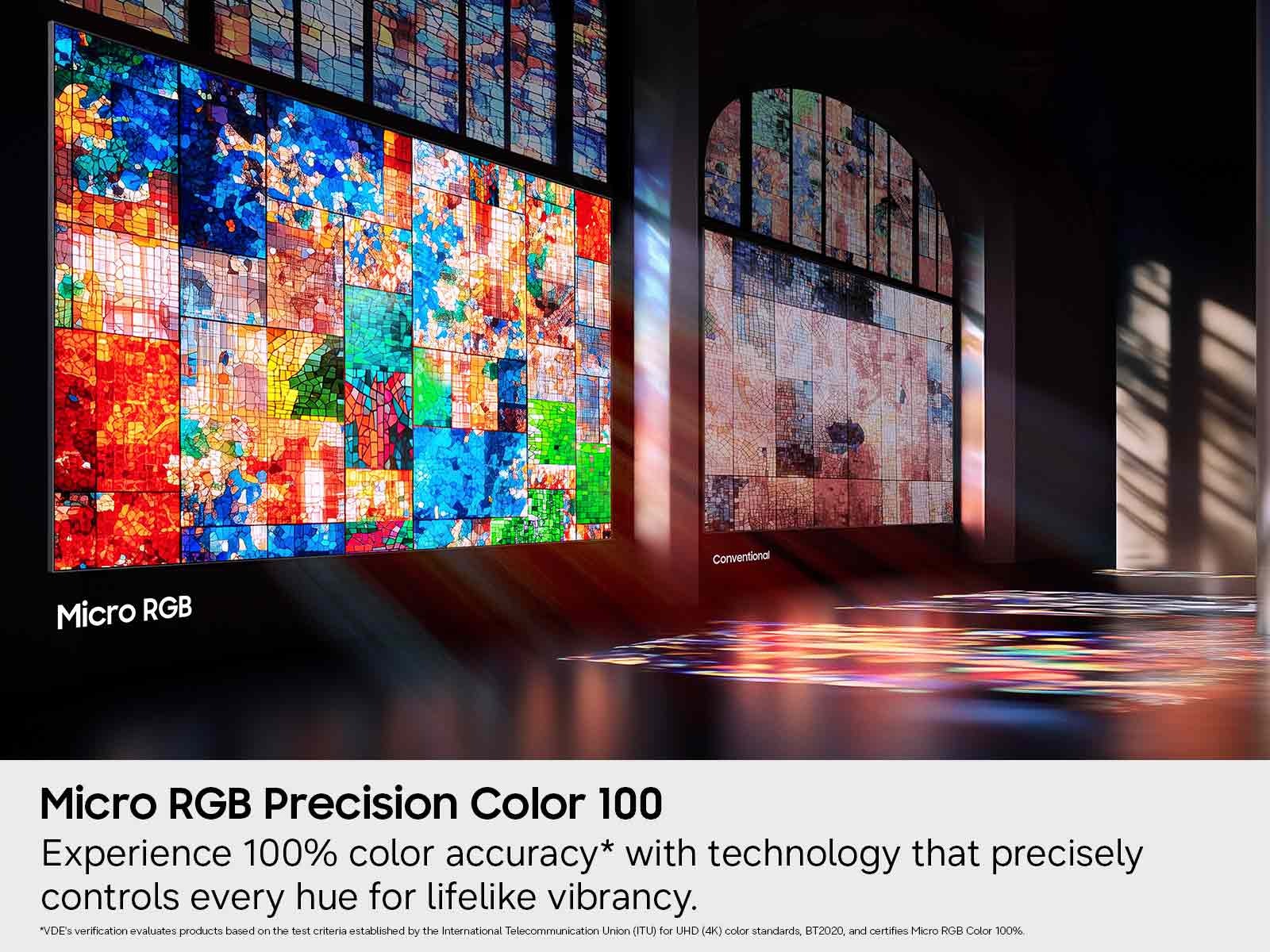 A demonstration of how the Micro RGB R95H's Precision Color technology can accurately capture and boost incredibly detailed colorscapes, like a hallway lined with stained glass windows.