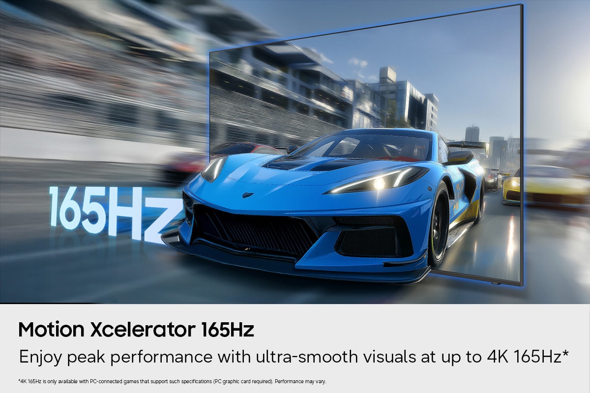 An illustration showing how Motion Xcelerator technology running on the Samsung Micro RGB R95H TV delivers fast and responsive gaming performance in a racing game.