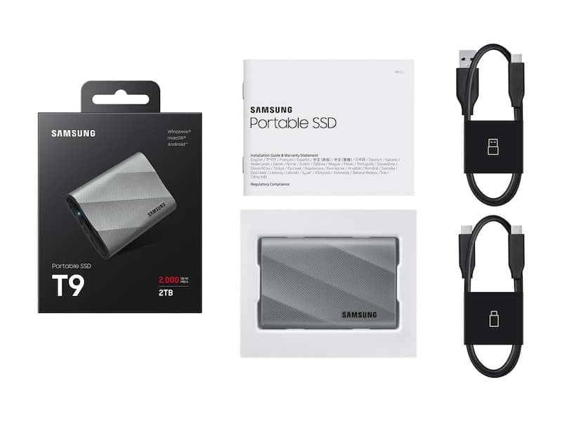 Portable SSD T9 USB 3.2 Gen 2x2 Group-Shot Gray 