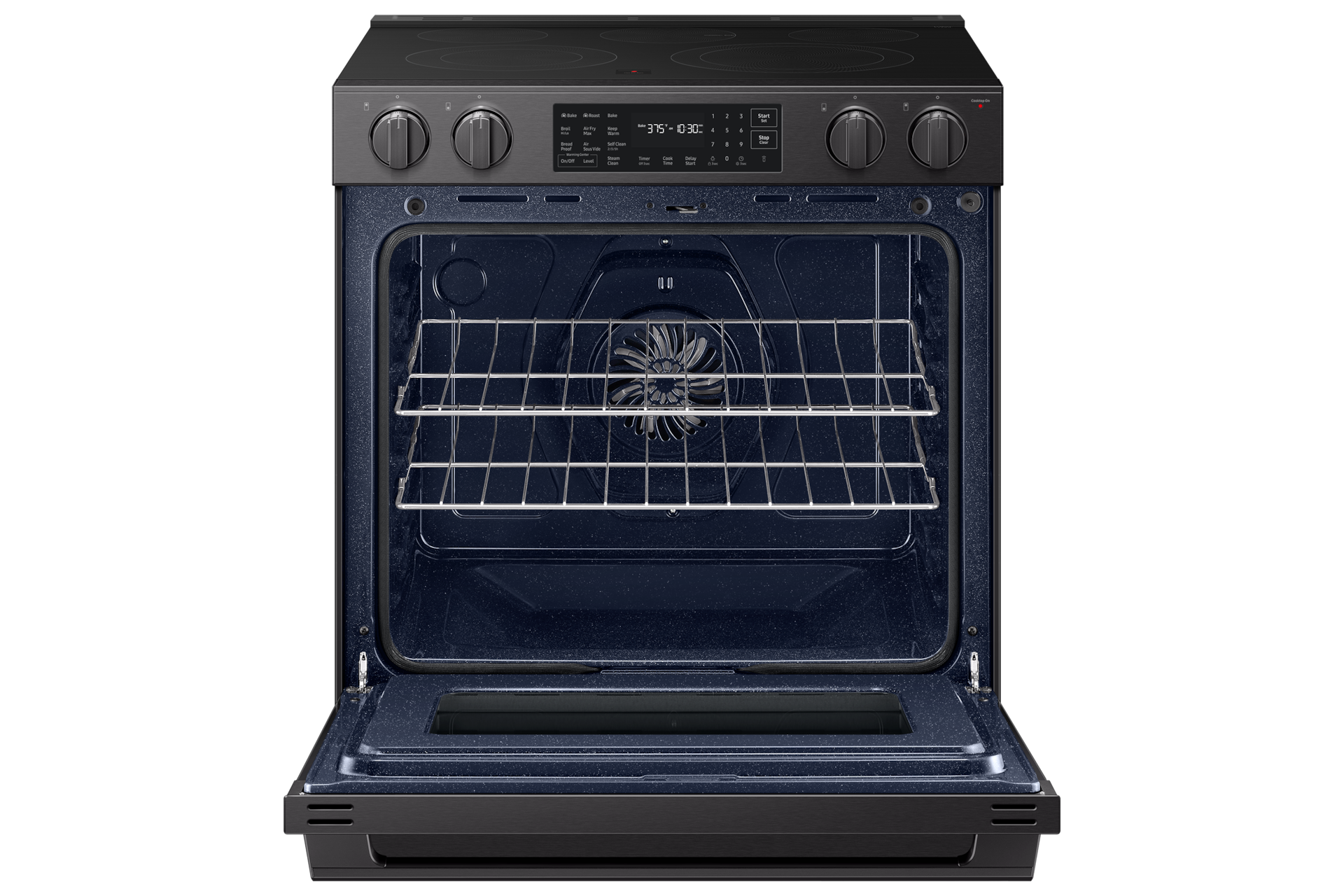 Open oven door of the Bespoke Smart Slide-In Electric Range with No Preheat Air Fry Max and True Convection | Samsung US