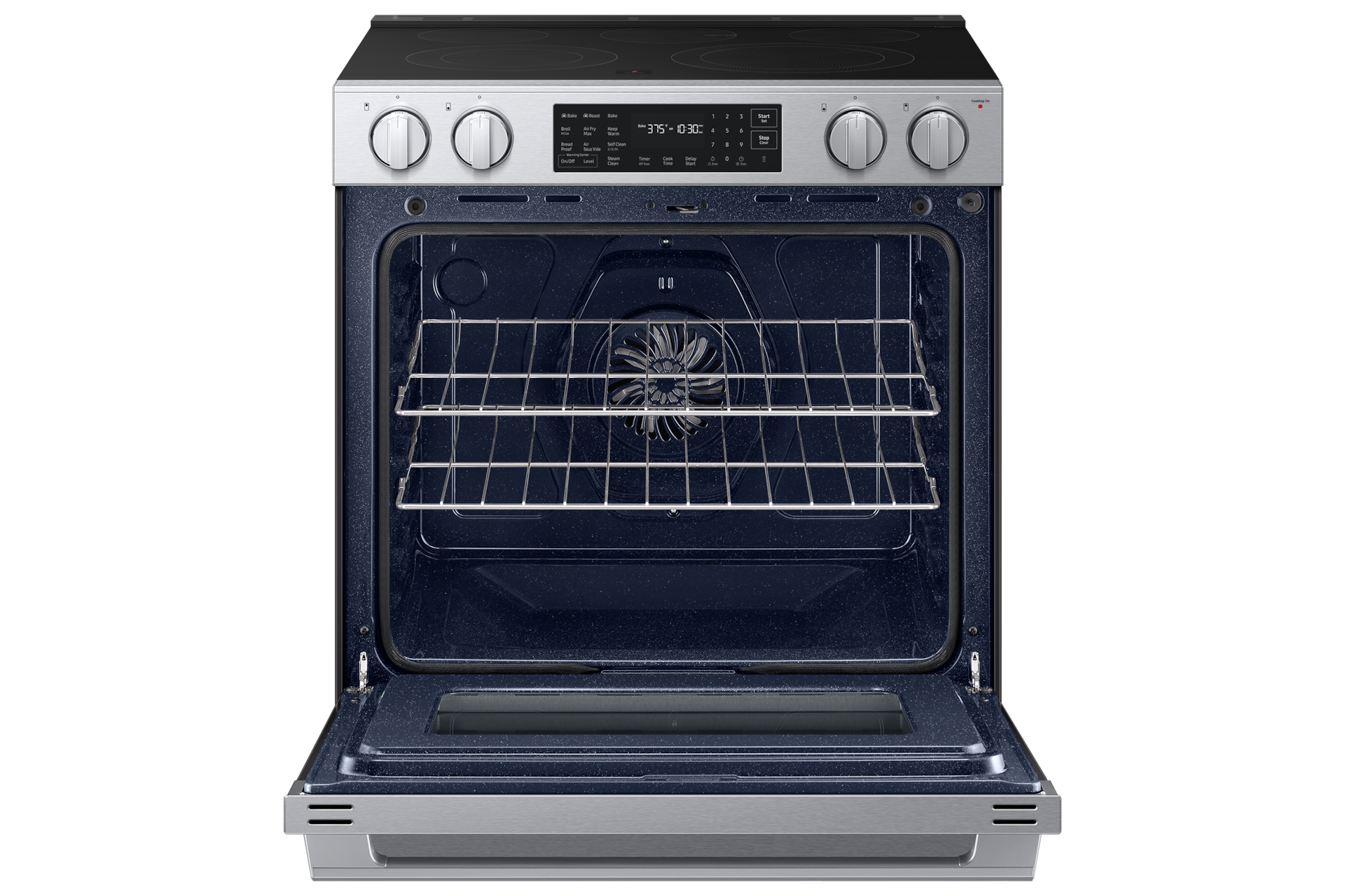 Open oven door of the Bespoke Smart Slide-In Electric Range with No Preheat Air Fry Max and True Convection | Samsung US