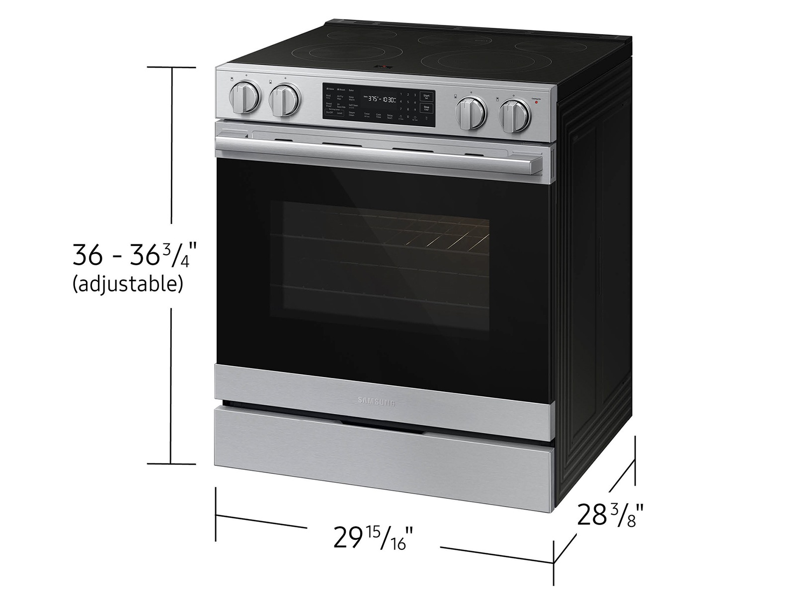 Dimensions of  Bespoke Smart Slide-In Electric Range with No Preheat Air Fry Max and True Convection | Samsung US