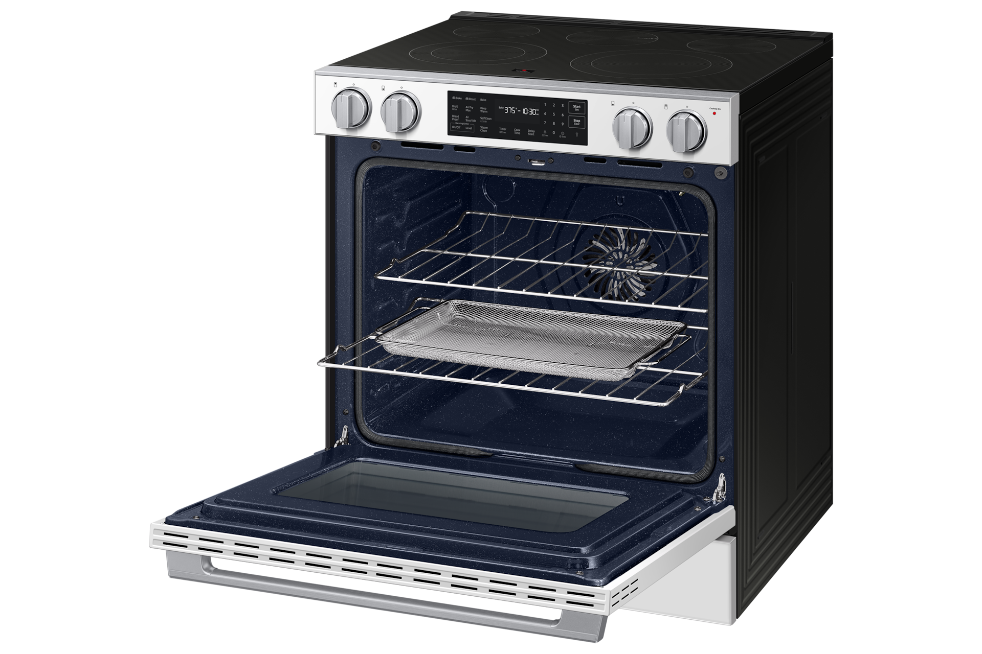 Right angle view of the  Bespoke Smart Slide-In Electric Range with No Preheat Air Fry Max and True Convection with open oven door showing racks and Air Fry Tray