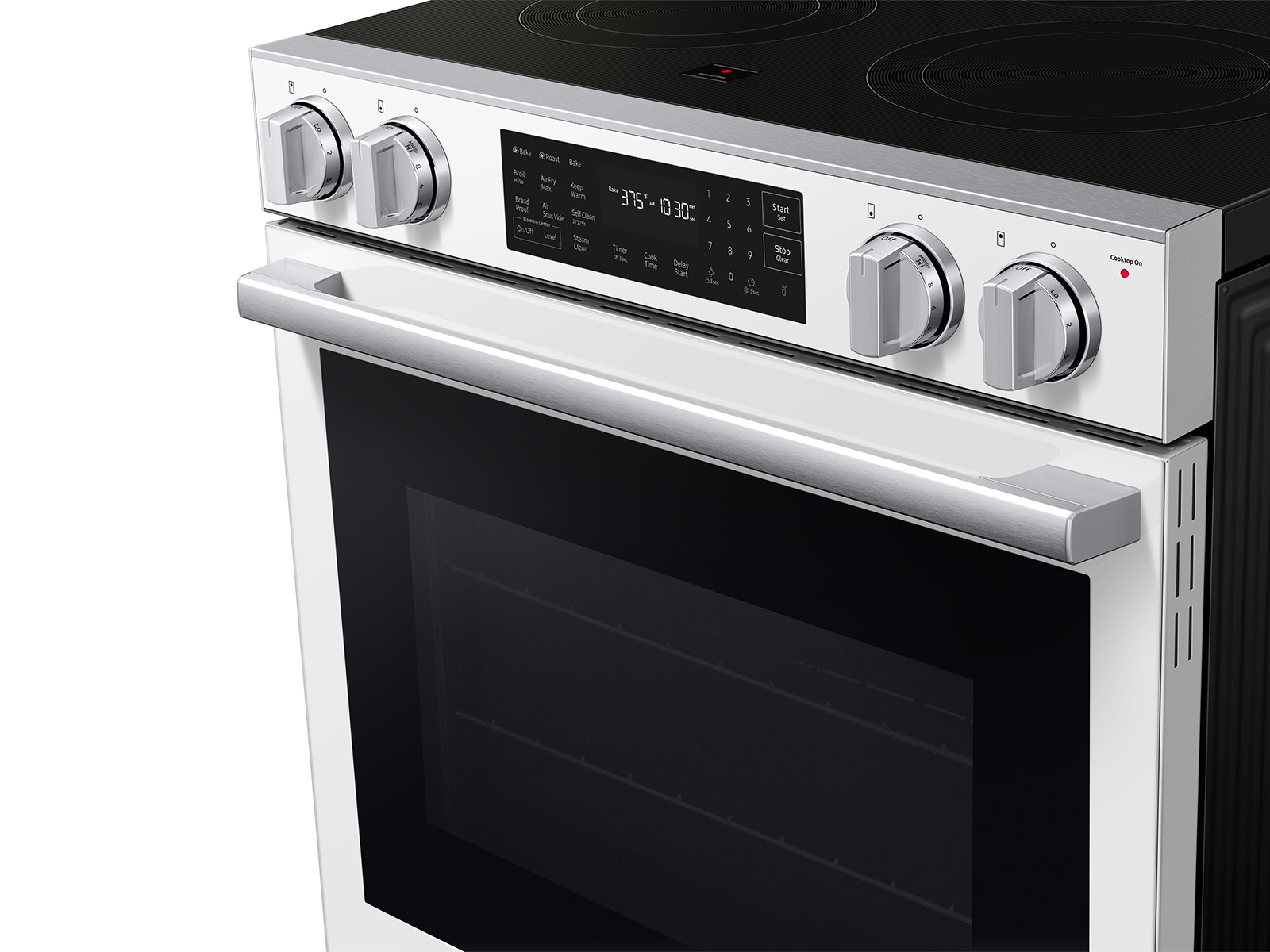 Angled detail view of  Bespoke Smart Slide-In Electric Range with No Preheat Air Fry Max and True Convection | Samsung US