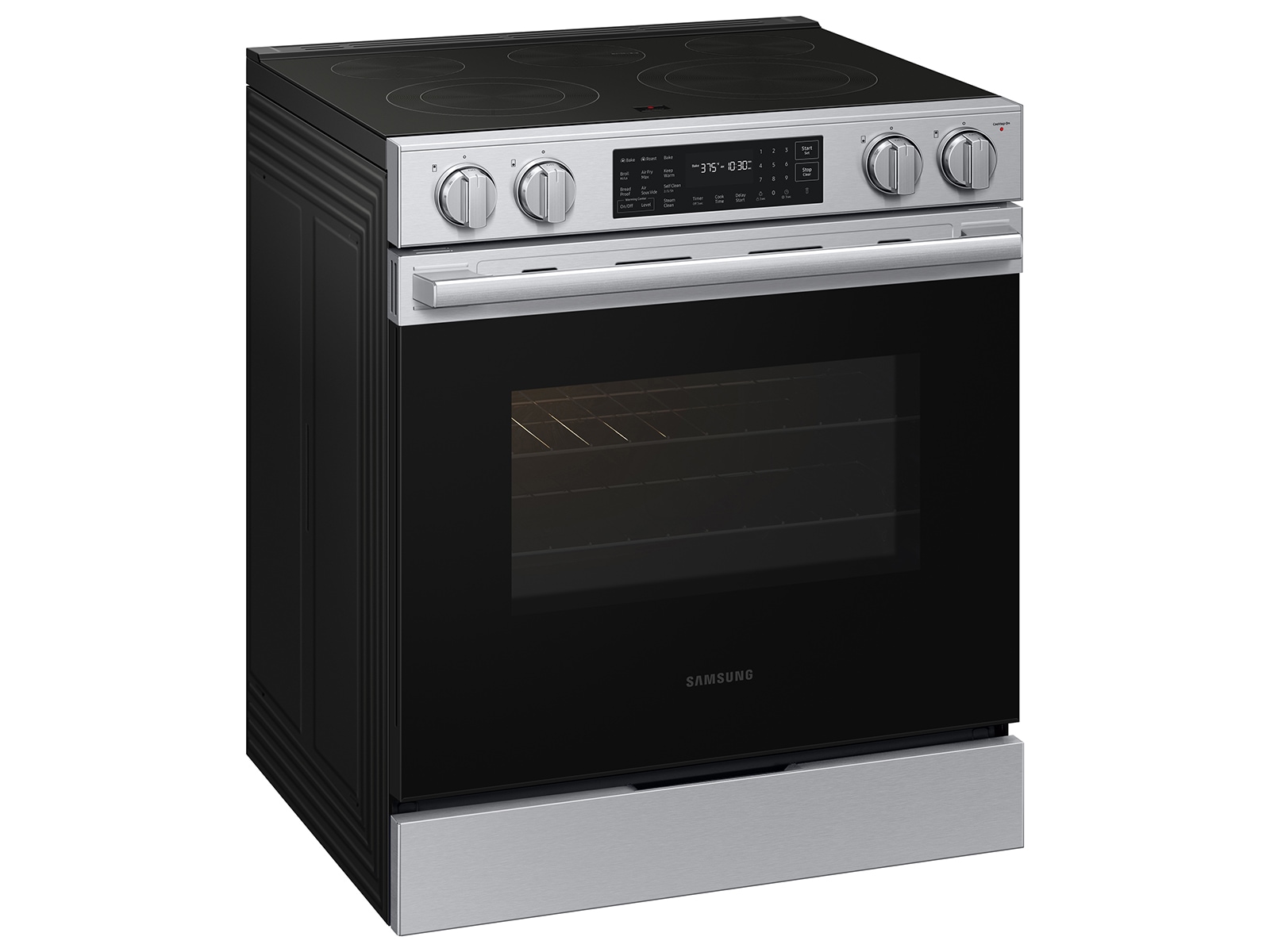 Angled detail view of  Bespoke Smart Slide-In Electric Range with No Preheat Air Fry Max and True Convection | Samsung US 