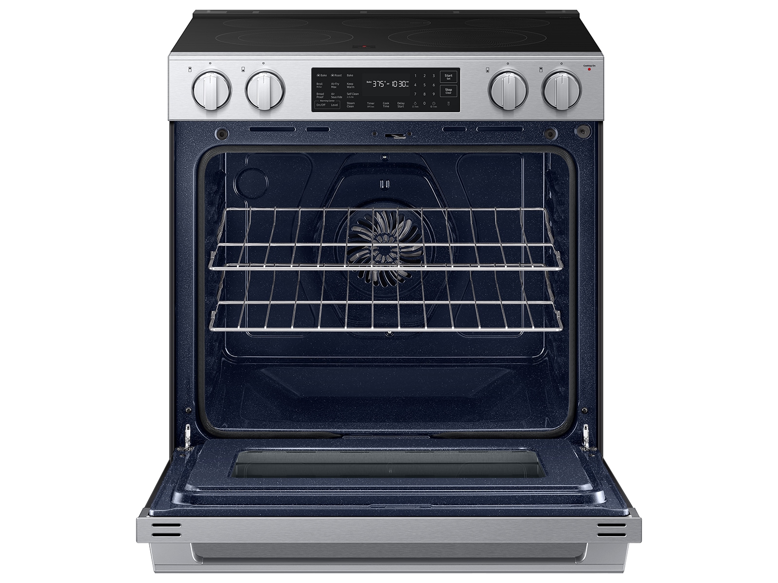 Right angle view of the  Bespoke Smart Slide-In Electric Range with No Preheat Air Fry Max and True Convection with open oven door showing racks