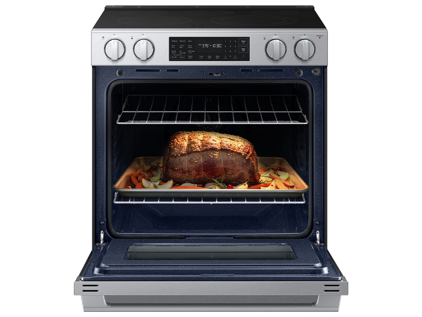 Right angle view of the  Bespoke Smart Slide-In Electric Range with No Preheat Air Fry Max and True Convection with food in oven