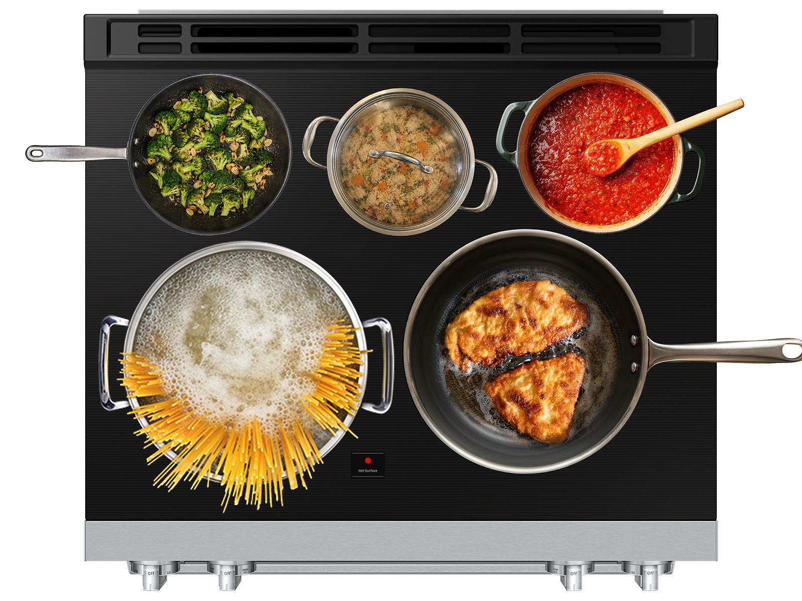 Top view with food cooking of Bespoke Smart Slide-In Electric Range with No Preheat Air Fry Max and True Convection | Samsung US