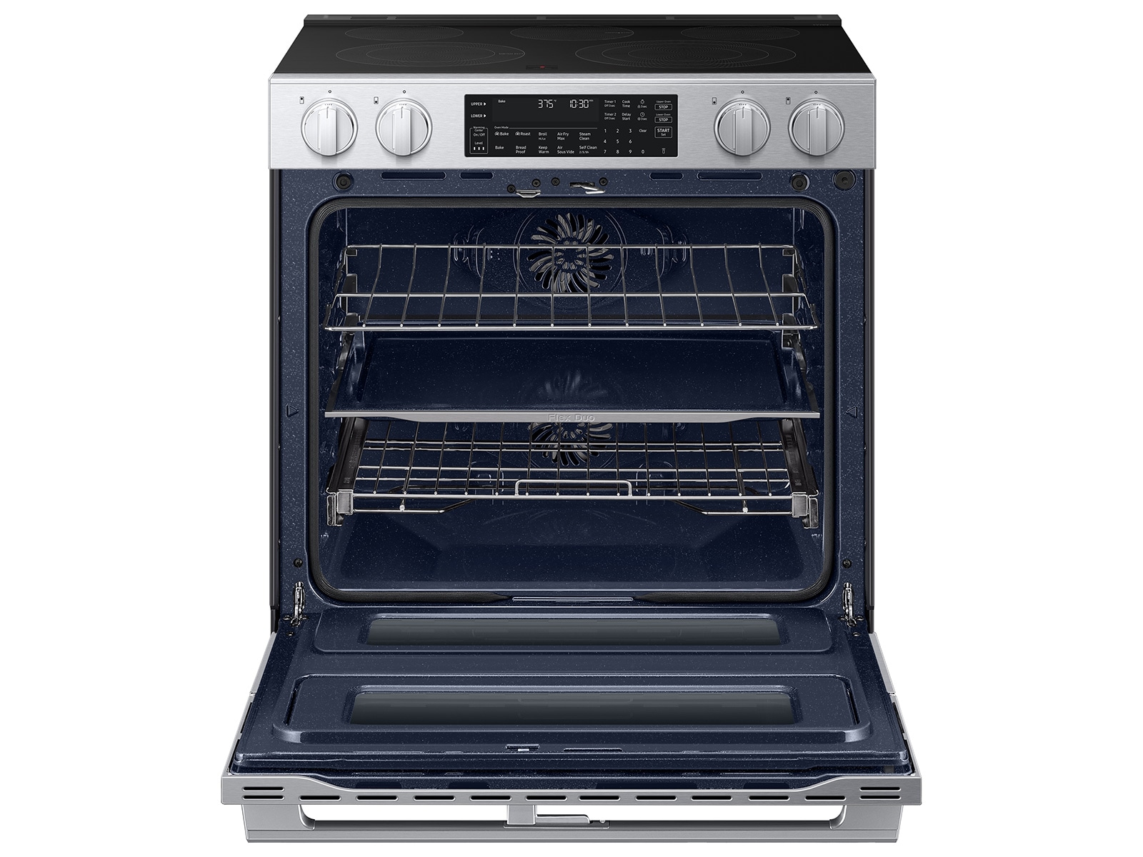 Open oven door of theBespoke Smart Slide-In Electric Range with Flex Duo™ Oven and Dual True Convection | Samsung US