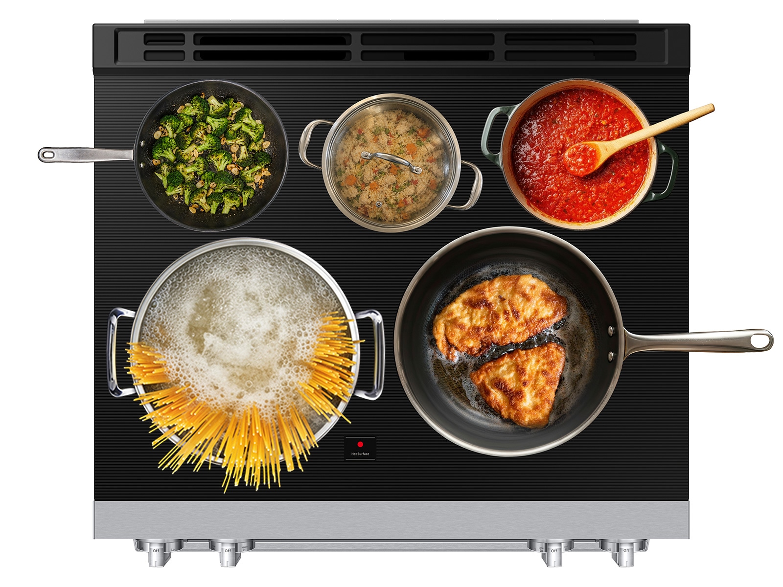 Top view of Bespoke Smart Slide-In Electric Range with Flex Duo™ Oven and Dual True Convection with Food | Samsung US
