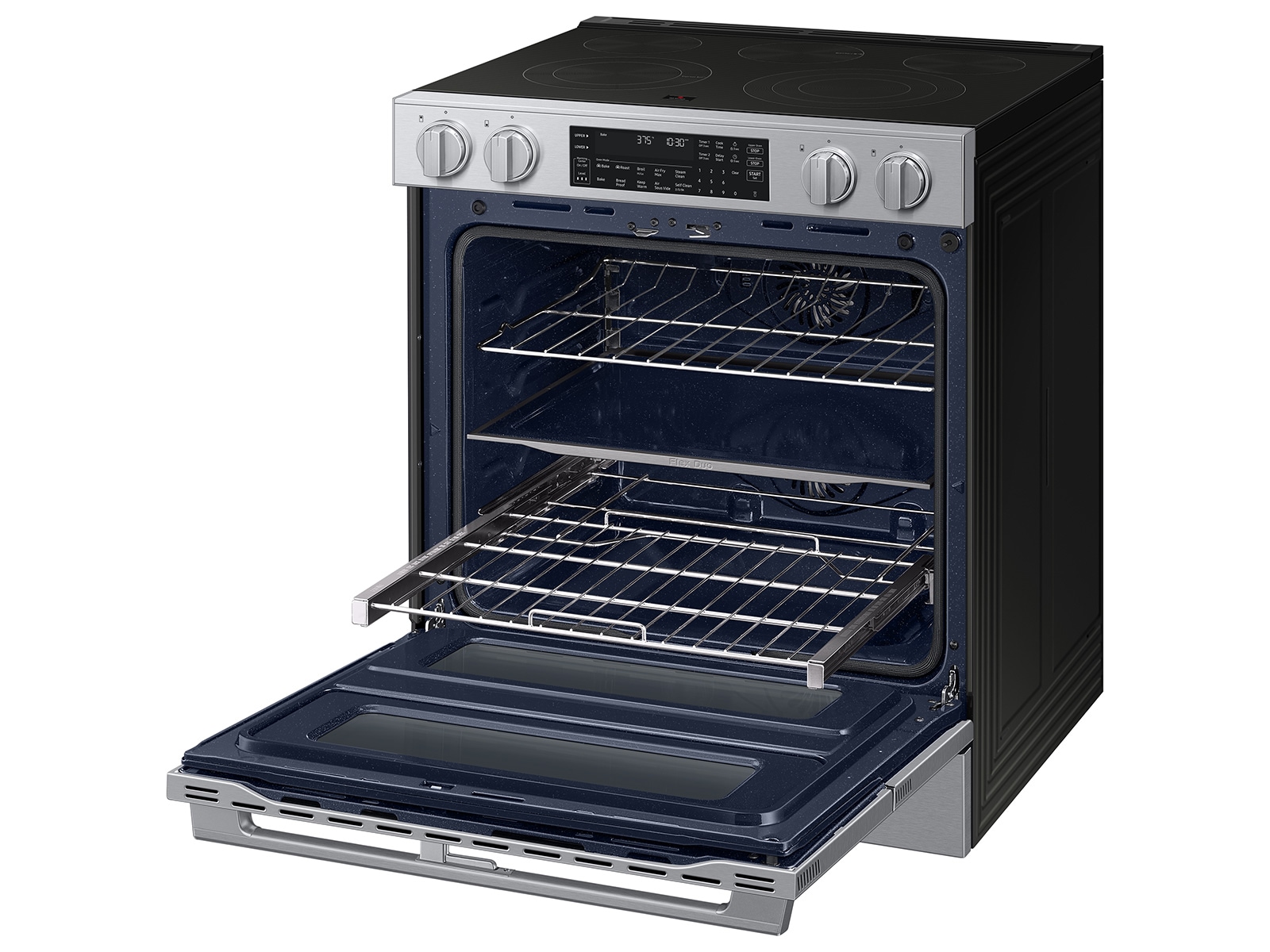 Right angle view of the Bespoke Smart Slide-In Electric Range with Flex Duo™ Oven and Dual True Convection | Samsung US featuring its Pro Style Design