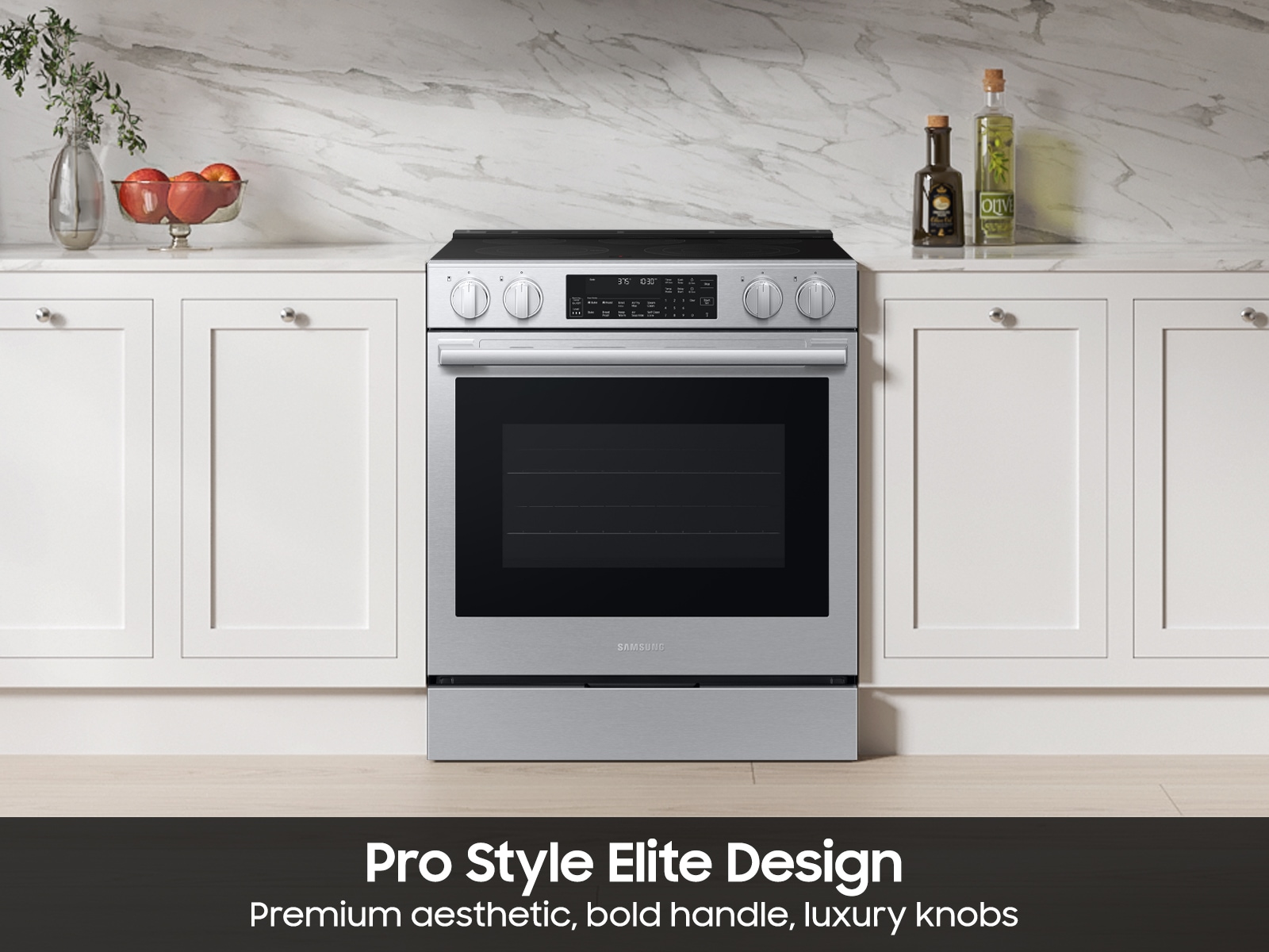 Kitchen image featuring  Bespoke Smart Slide-In Electric Range with Illuminated Precision Knobs, No Preheat Air Fry Max and True Convection | Samsung US