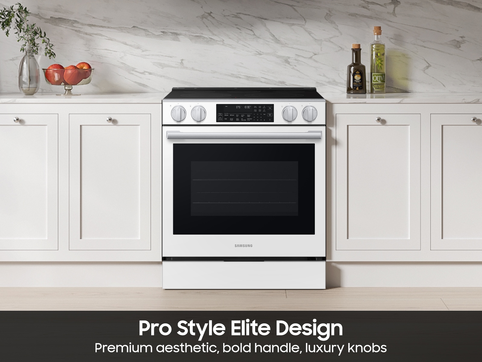 Kitchen image featuring  Bespoke Smart Slide-In Electric Range with Illuminated Precision Knobs, No Preheat Air Fry Max and True Convection | Samsung US