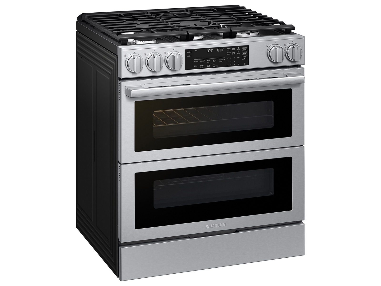 Left Angle View of Bespoke Smart Slide-In Gas Range with Flex Duo™ Oven and Dual True Convection | Samsung US
