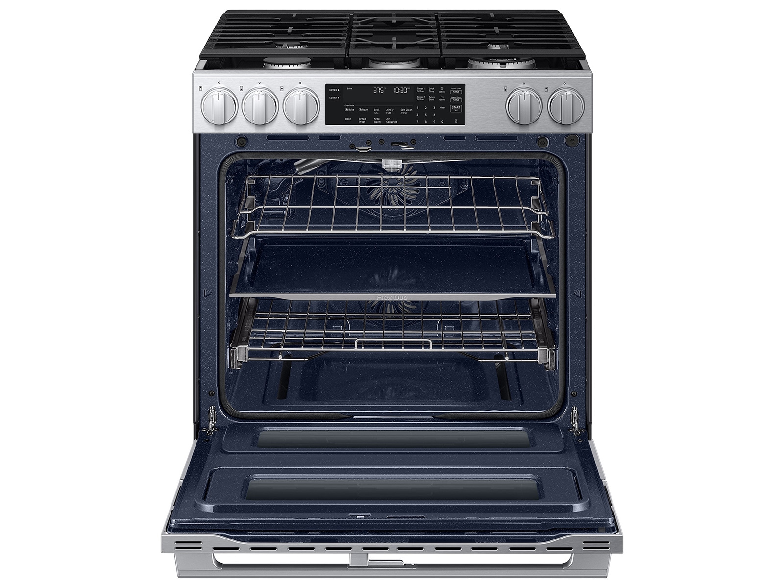 Open oven door of theBespoke Smart Slide-In Gas Range with Flex Duo™ Oven and Dual True Convection | Samsung US