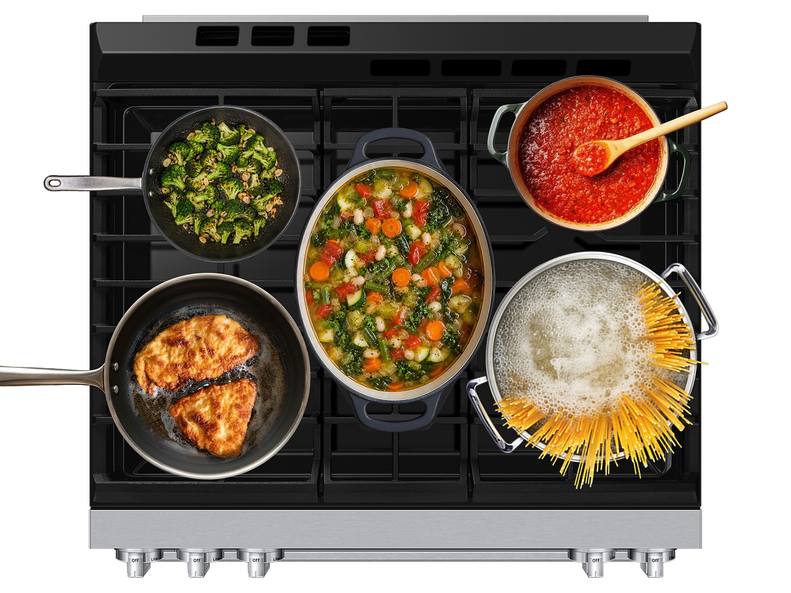 Top view of Bespoke Smart Slide-In Gas Range with Flex Duo™ Oven and Dual True Convection with Food | Samsung US