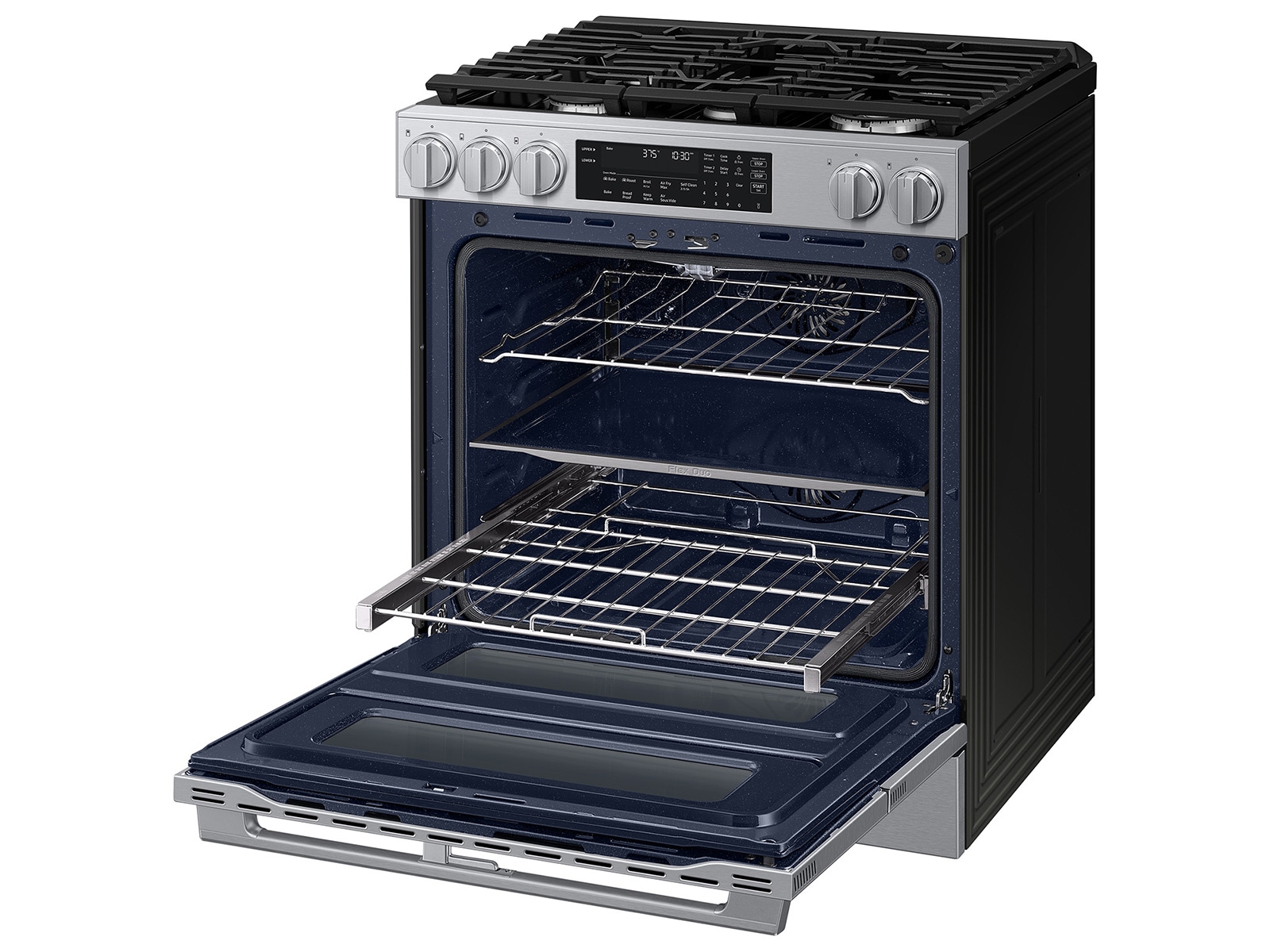 Right angle view of the Bespoke Smart Slide-In Gas Range with Flex Duo™ Oven and Dual True Convection | Samsung US featuring its Pro Style Design