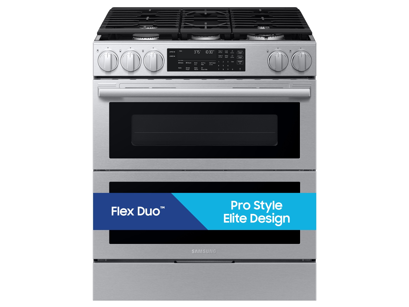 Front view of Bespoke Smart Slide-In Gas Range with Flex Duo™ Oven and Dual True Convection with Sash