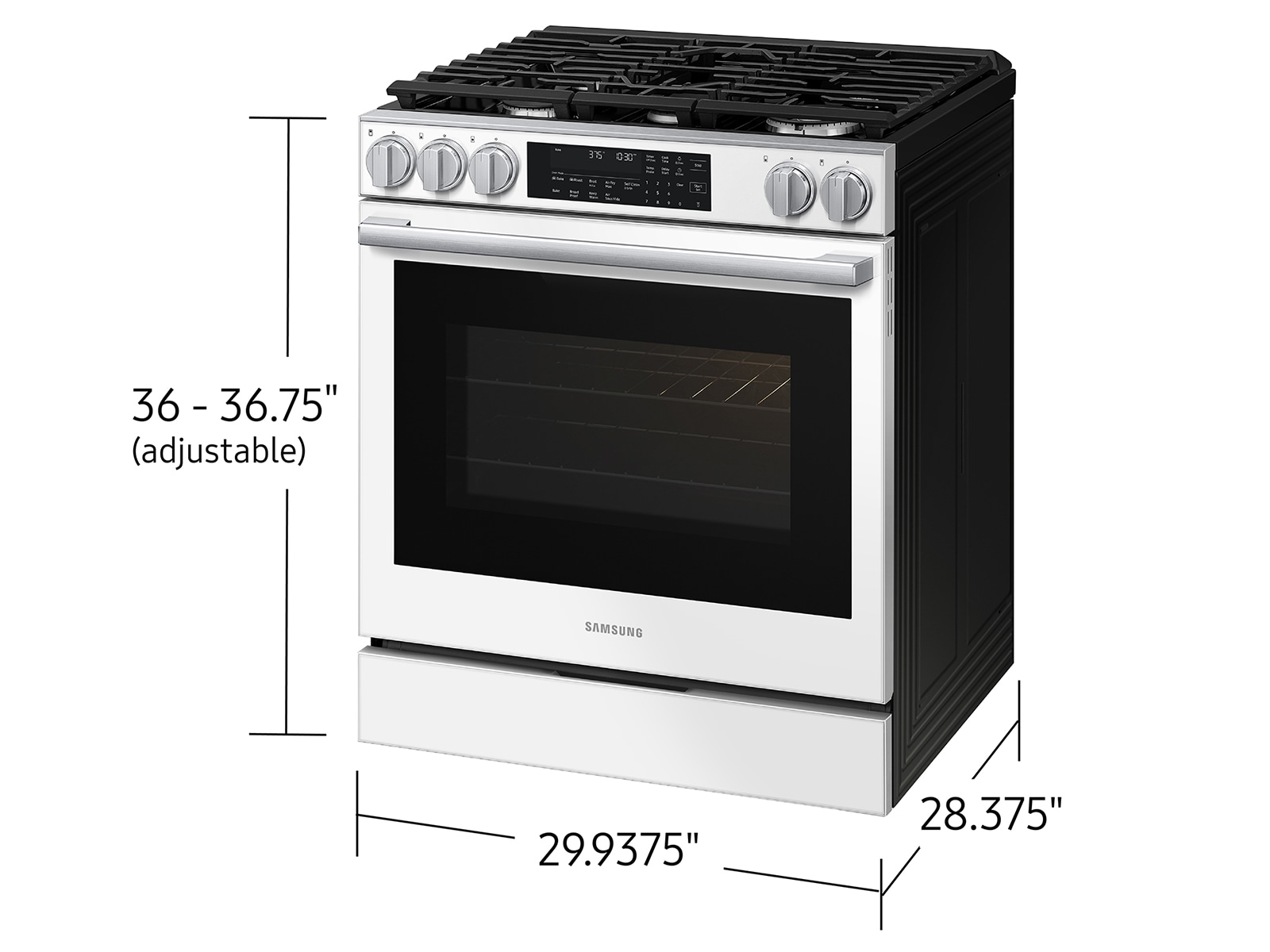 Dimensions of Bespoke Smart Slide-In Gas Range with Illuminated Precision Knobs, No Preheat Air Fry Max and True Convection | Samsung US