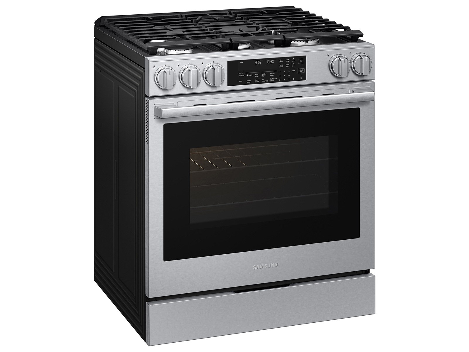 Left Angle View of Bespoke Smart Slide-In Dual Fuel Range with Illuminated Precision Knobs, No Preheat Air Fry Max and True Convection