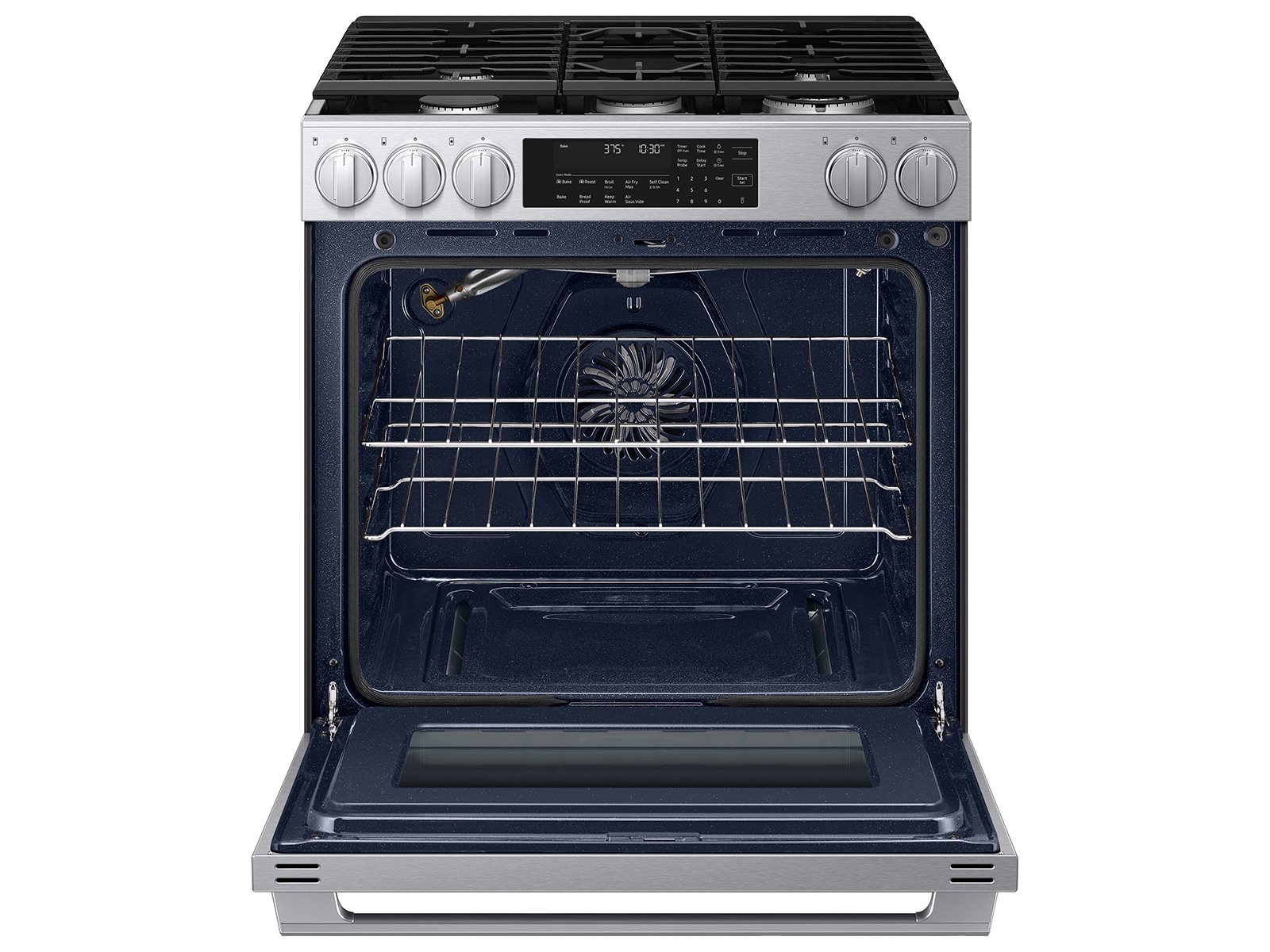 Open oven door of theBespoke Smart Slide-In Dual Fuel Range with Illuminated Precision Knobs, No Preheat Air Fry Max and True Convection