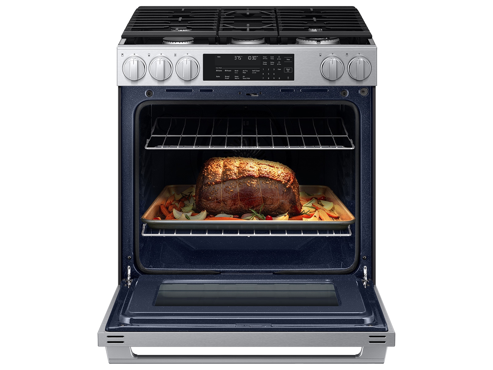 Open oven door of theBespoke Smart Slide-In Dual Fuel Range with Illuminated Precision Knobs, No Preheat Air Fry Max and True Convection  