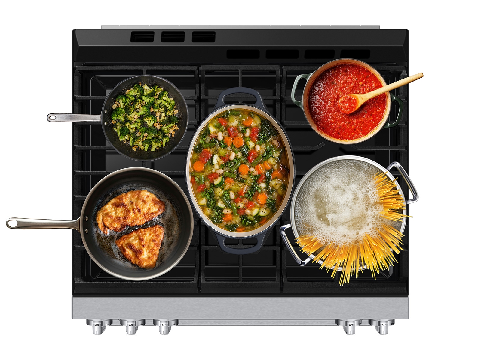 Top view of Bespoke Smart Slide-In Dual Fuel Range with Illuminated Precision Knobs, No Preheat Air Fry Max and True Convection with Food  