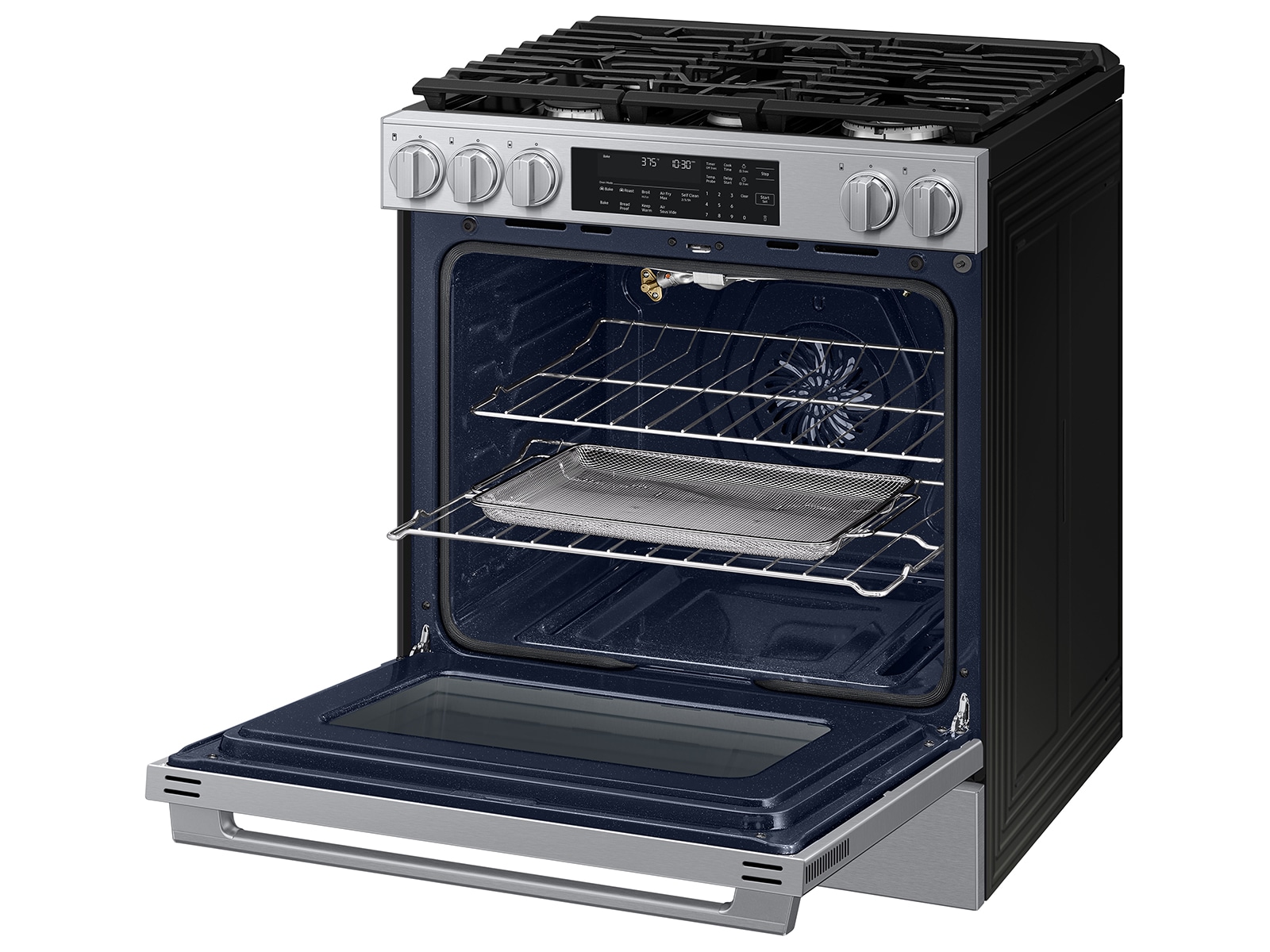 Right angle view of the Bespoke Smart Slide-In Dual Fuel Range with Illuminated Precision Knobs, No Preheat Air Fry Max and True Convection   featuring its Pro Style Design