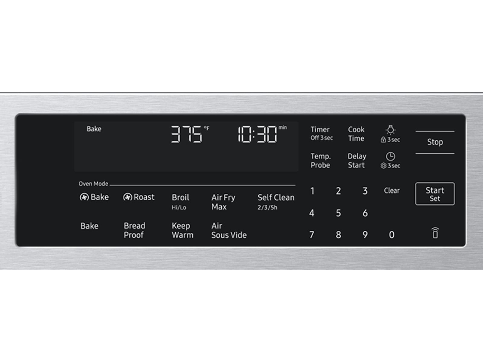 Front control panel on the Bespoke Smart Slide-In Dual Fuel Range with Illuminated Precision Knobs, No Preheat Air Fry Max and True Convection  