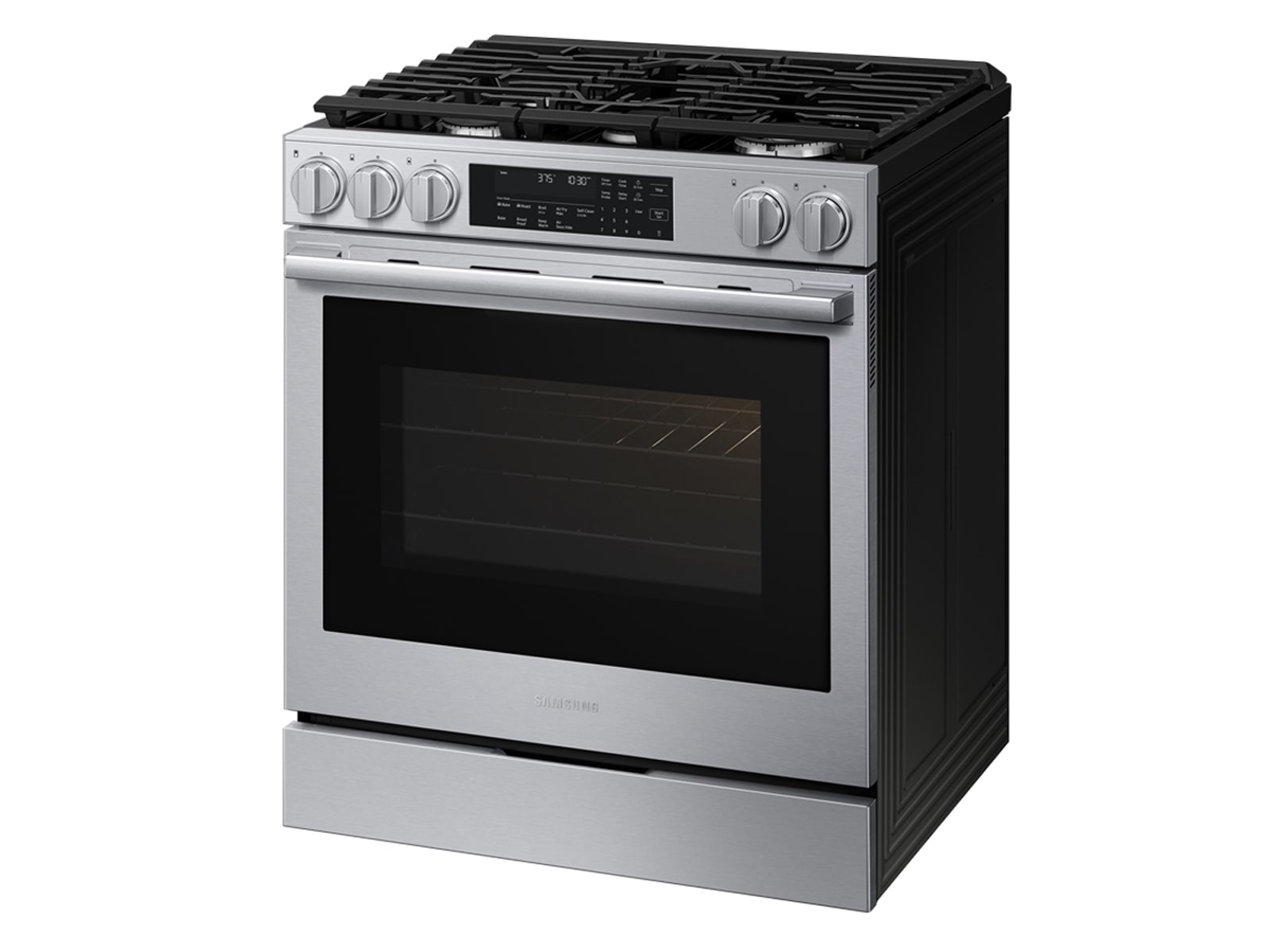 Right angle view of the Bespoke Smart Slide-In Dual Fuel Range with Illuminated Precision Knobs, No Preheat Air Fry Max and True Convection   featuring its Pro Style Design